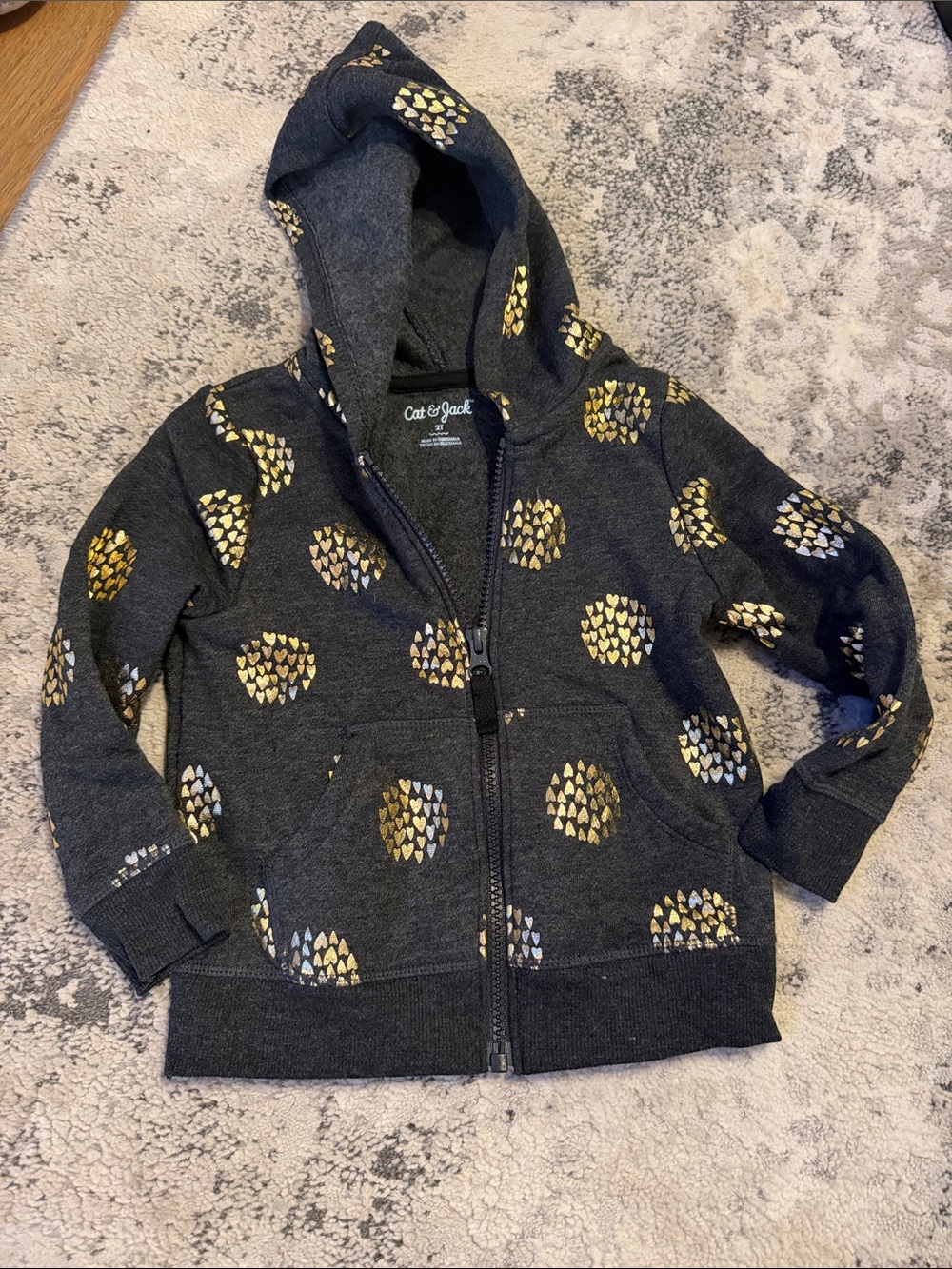 Cat & Jack Charcoal Zip Hoodie with Gold Heart Dots